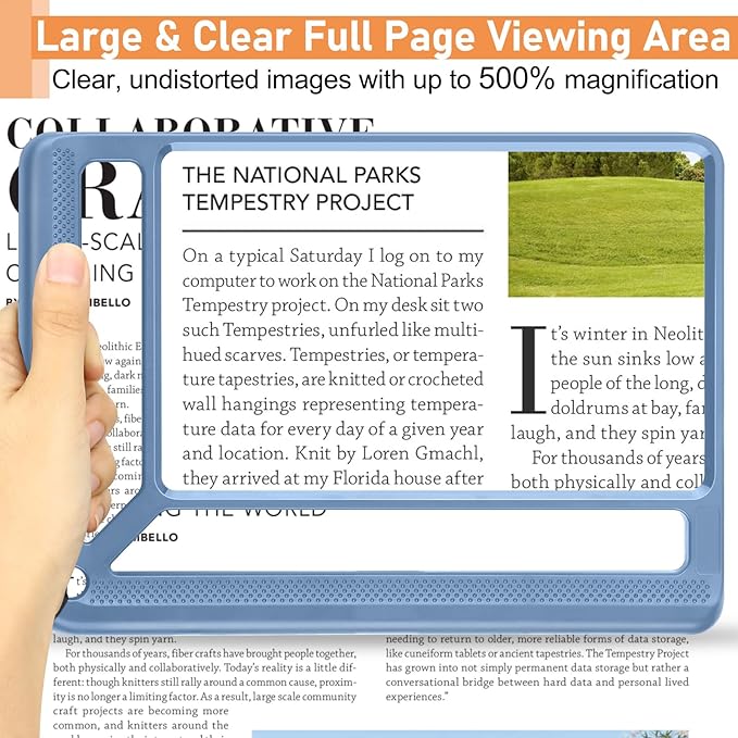 5X Full Page Magnifying Glass for Reading, Lightweight Rectangular Magnifier Provides Large Book Page Viewing Area, Handheld Magnifier for Reading Small Prints for Seniors, Low Vision-Blue