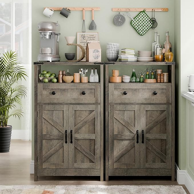 Farmhouse Bathroom Storage Cabinet with Barn Doors, Bathroom Storage Organizer with Drawers, Rustic Freestanding Floor Cabinet for Kitchen, Living Room, Grey