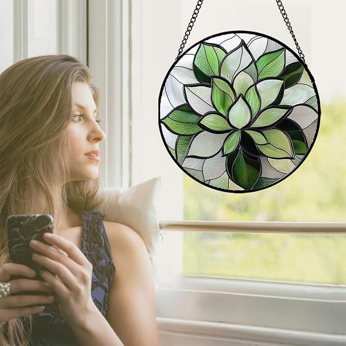 CRISGIF Stained Glass Window Hanging - Ireland Green Plants Suncatcher for Doors Garden Succulent Sun Catchers Decor Mother's St. Patrick's Day Birthday for Women Men Mom Nana 15 in