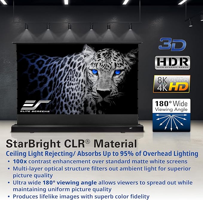 Elite Screens Kestrel Tab-Tension CLR, 121 inch 16:9, Ultra-Short Throw Ceiling Ambient Light Rejecting ALR Electric UST Floor-Rising Projection Motorized Front Projector Screen, FTE121UH3-CLR, Black