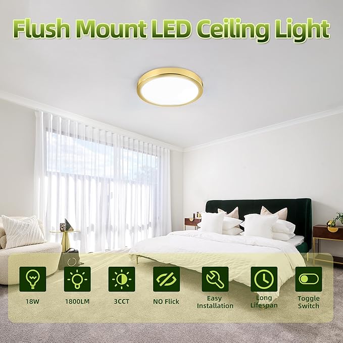 hykolity 2 Pack 9 Inch Selectable CCT LED Round Flat Panel Light, 18W 1800LM 3000K/4000K/5000K, Edge-Lit Flush Mount Ceiling Light Fixture for Kitchen, Bedroom, Laundry and Closet Room，Gold