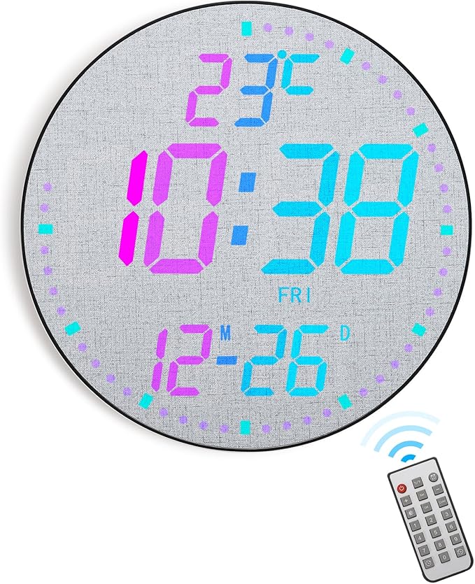 GLOKUUCA 12" Large Digital Wall Mount Clock, Count Down Timer, Alarm, Big LED, 12 RGB Color, Temperature for Living Room Classroom Desk, Xmas, Birthday Gift for Senior Mom (Fabric Elements)