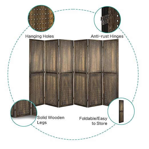 Babion 6 Panel Pegboard Display, Peg Board Room Divider Freestanding Folding Privacy Screens Display Stand for Craft Shows (Brown)