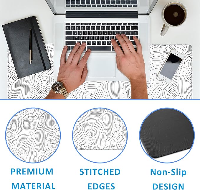 EOBKLAX Mouse Pad,Topographic Line Desk Mat for Desktop,Desk Pad with Non-Slip Base and Stitched Edge,Extended Mousepad for Office and Home 35.4X15.7 Inch