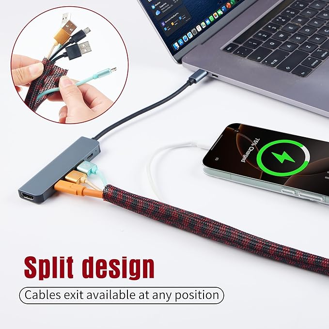 QCSIW Split Cable Sleeve, 3/4" 25ft Black Red Braided Wire Loom for Home Cable Management, Pet Chew Protection and DIY Cord Organizer for Desk and Home Theater