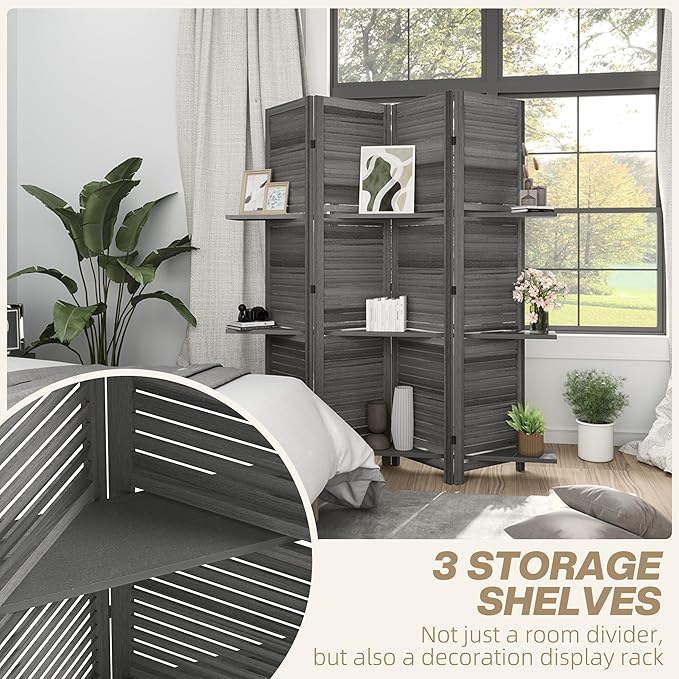 HOMCOM Room Divider, 4 Panel 67" Tall Wood Privacy Screen with 3 Display Shelves, and Folding Storage for Bedroom or Home Office, Gray