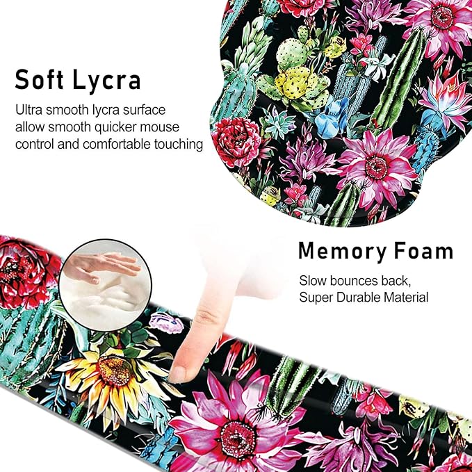 Keyboard Wrist Rest and Mouse Pad Wrist Support Set with Coasters,Non-Slip PU Base Ergonomic Gaming Mousepad for Home Office Working Studying Easy Typing & Pain Relief,Cactus