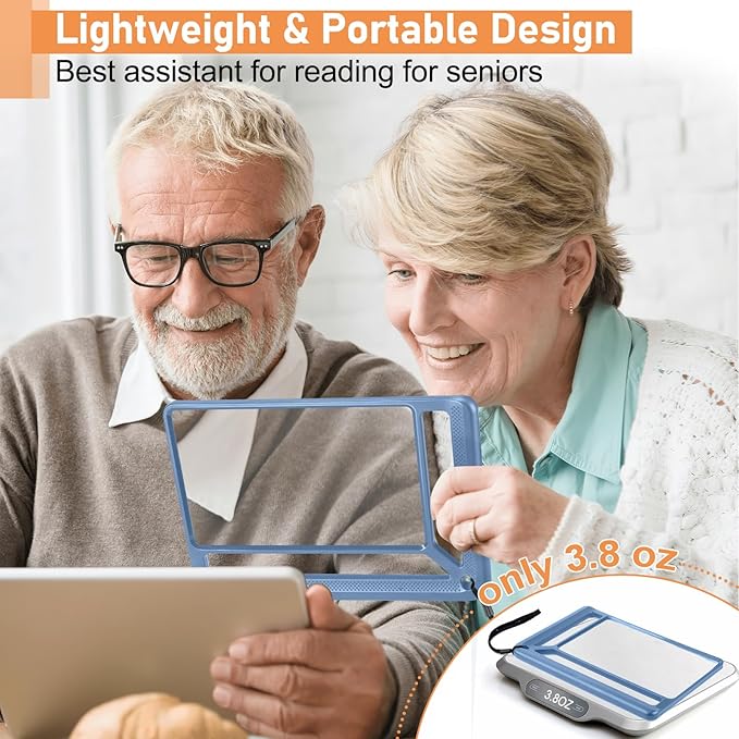 5X Full Page Magnifying Glass for Reading, Lightweight Rectangular Magnifier Provides Large Book Page Viewing Area, Handheld Magnifier for Reading Small Prints for Seniors, Low Vision-Blue