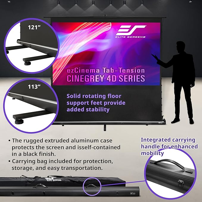Elite Screens ezCinema Tab-Tension CineGrey 4D, 121-inch 16:9, Manual Floor Pull Up ISF Ceiling Ambient Light Rejecting, Portable Home Office Classroom Projector Screen with Carrying Bag, FT121UH-C4D