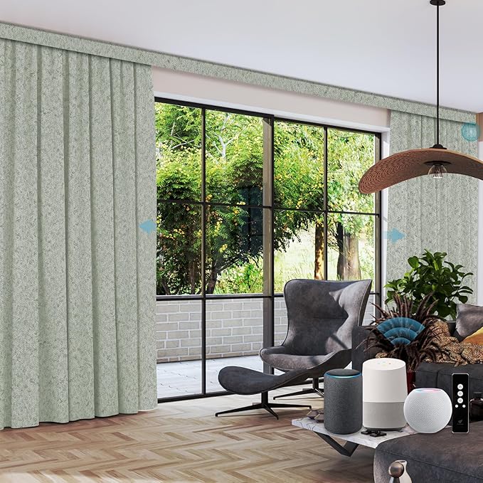 SmartWings Automatic Curtain Opener with Drapery, Motorized Vertical Blinds with Remote, Electric Closet Doors Sliding Panels Compatible with Alexa Google Homekit, 90% Blackout Light Green