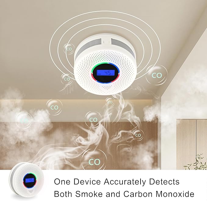 10-Year Battery Smoke and Carbon Monoxide Detector, 2-in-1 Smoke CO Alarm with Digital Display, Reliable Fire and CO Alarm for Home, Bedroom, Kitchen (2 Pack)