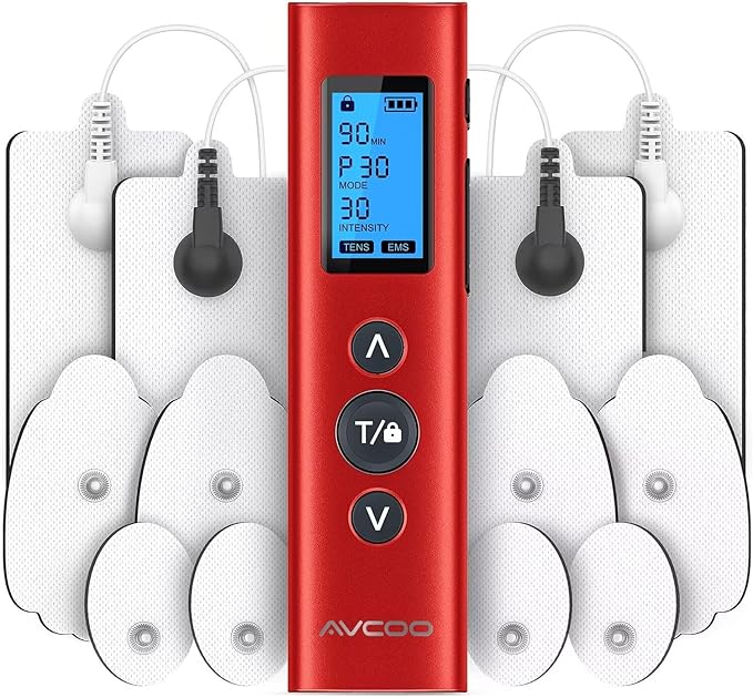 AVCOO 30 Modes TENS EMS Unit Compact Muscle Stimulator for Pain Relief, Rechargeable & Portable Dual Channel Muscle Stimulator with 30 Intensity Levels and 12 Electrode Tens Unit Replacement Pads Red