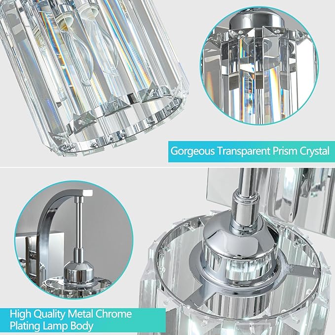 FDPBY 3-Light Crystal Vanity Light, Modern Chrome Bathroom Wall Sconce with K9 Crystal Shades, 23.62" Long Over Mirror Lighting for Vanity, Makeup, Hallway, Elegant & Durable