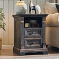 Farmhouse Nightstand with Charging Station, 18" End Table with 2 Drawers Storage and 1 Storage Shelf, Wooden Sofa Side Table w/Roman Column, Bedside Cabinet for Bedroom, Living Room, Dark Rustic Oak