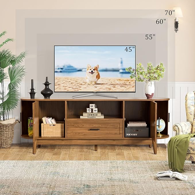 Mxtxmy 63" Fluted TV Stand for Tvs up to 70", Mid-Century Modern Entertainment Center with Drawers and Fluted Doors, Curved TV Media Console Table with Sliding Doors for Living Room, Bedroom (63")