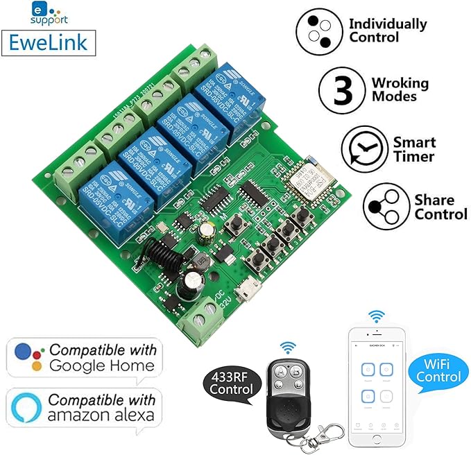 Newgoal 4 Channels WiFi Wireless Smart Switch Inching Self-Locking Relay Module,for DIY Access Control, Garage Door Opener with 433RF Remote Control （Ewelink App）