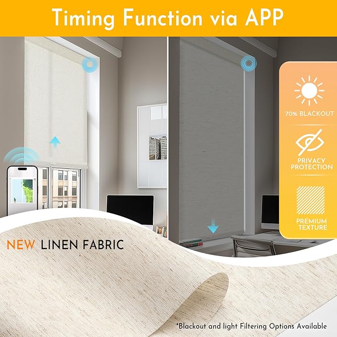 Persilux Smart Motorized Blinds with Remote, No Drill Automatic Roller Shades for Indoor Windows, Light Filtering Linen Fabric, Electric Blinds for Windows, Linen Cream C156-1, Custom Size