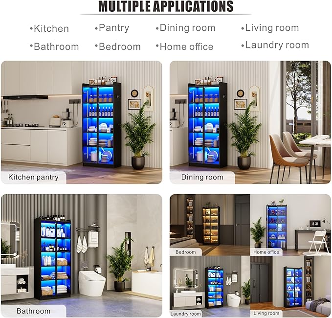 Dystler Display Cabinet with Adjustable Shelves, 65" Tall Bookcase with LED Lights/Human Sensor, 5 Tier Display Case for Collectibles Bedroom Living Room Office, Black - Transparent Acrylic Doors
