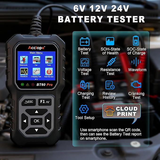 Acclope BT60 Pro Car Battery Tester, Digital Analyzer with Cloud Printing, 6V/12V/24V Battery Checker for AGM, Lithium, Gel Batteries, 100-3000 CCA Range, Automotive Charging System