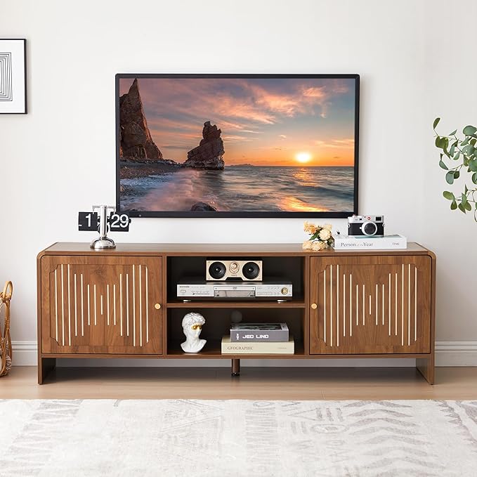 MAHYIZYI 58'' TV Stand for 65 inch TV, Mid Century Modern Entainment Center with Storage Cabinets & Open Shelf, Wood Media TV Console Table for Living Room, Office