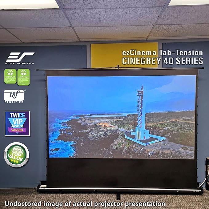 Elite Screens ezCinema Tab-Tension CineGrey 4D, 123-inch 16:9, Manual Floor Pull Up ISF Ceiling Ambient Light Rejecting, Portable Home Office Classroom Projector Screen with Carrying Bag, FT123UH-C4D