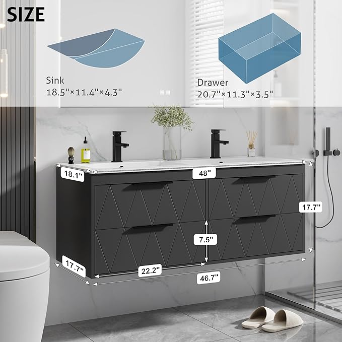 eclife 48" Bathroom Vanities Cabinet with Sink Combo, Wall Mounted Floating Cabinet W/Decor Line, Soft-Close System, 4 Extra Big Drawers, Matte Black Faucet, Black