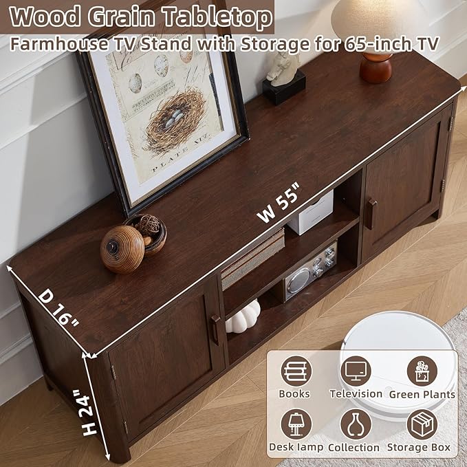 Joaxswe Farmhouse 55" Entertainment Center, Dark Walnut Tv Stand with Adjustable Shelves & 2 Door Storage,Wood Media Console Cabinet for TVs Up to 65 inches, Rustic Tv Stands for Living Room,Bedroom