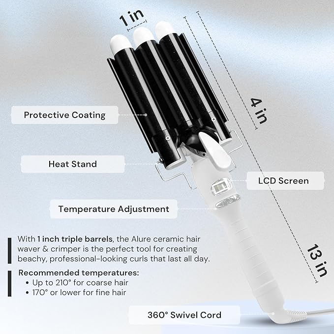 Alure Three Barrel Curling Iron Wand Hair Waver with LCD Temperature Display - 1 Inch Ceramic Tourmaline Triple Barrels, Dual Voltage Crimp (Black/White)