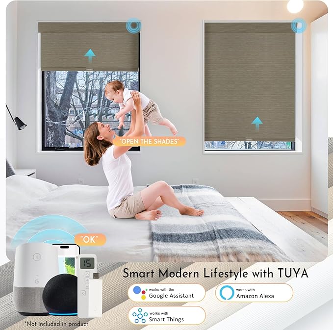 Persilux Smart Motorized Blinds with Remote, No Drill Automatic Roller Shades for Indoor Windows, Blackout Linen Fabric, Electric Blinds for Windows, Weave Caribou C162BO-5, Custom Size