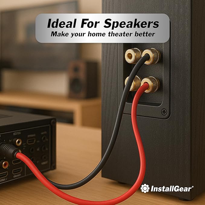 InstallGear 14 Gauge Speaker Wire - 100 Ft Copper Clad Aluminum Speaker Cable with 12 Banana Plugs for Easy Installation - Flexible PVC Jacket for Home Theater and Car Audio