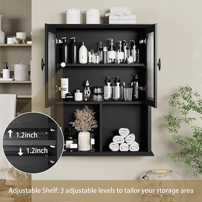 CJL Bathroom Wall Cabinet with Fluted Door, 23.6'' x 29.5'' Medicine Cabinet, Over The Toilet Storage Cabinet, Black
