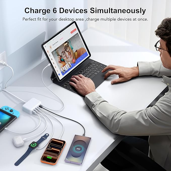 USB C Fast Charger, 100W GaN 6 Port Type USB C Charging Station Hub Block Cube, USB C Wall Charger Power Strip Adapter Plug for iPad iPhone 17 16 15 14 13 12 Pro Max Pixel Note Galaxy, 5ft Cord