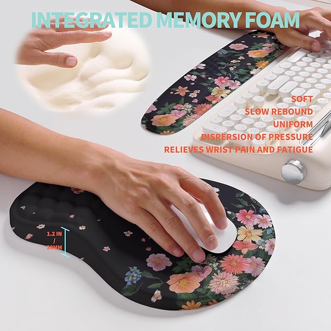 KUOSGM 2-in-1 Ergonomic Set, Wave Rise Keyboard Wrist Rest and Massage Bulge Slope Mouse Pad Wrist Support, Cushion Memory Foam Integrated to Relieve Wrist Pain, Flower Dance