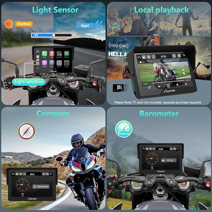 CARPURIDE W502BS PRO for BMW Motorcycle CarPlay & Android Auto Dual Bluetooth, 5" Waterproof GPS Navigation Screen, Data Reading, Native Wonder, TPMS, Light Sensor, Music Sharing, Intercom