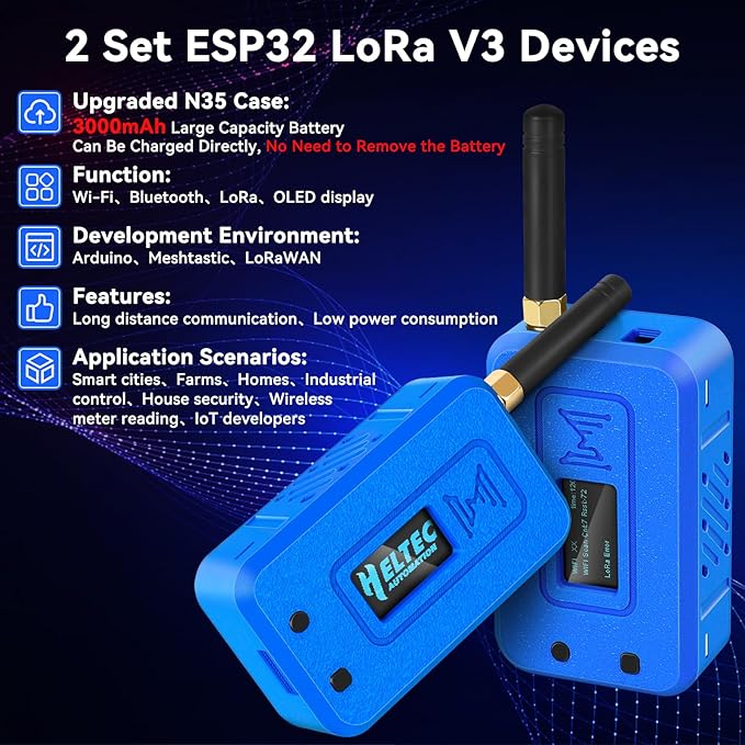 Meshnology 2 Set ESP32 Lo Ra V3 Module Board with 915 MHz Antenna + 3000mAh Battery + Case - with WiFi Blue Tooth SX1262 CP2102 0.96” OLED Display Type C for Ar duino Mesh Tastic IOT (N35, Blue)