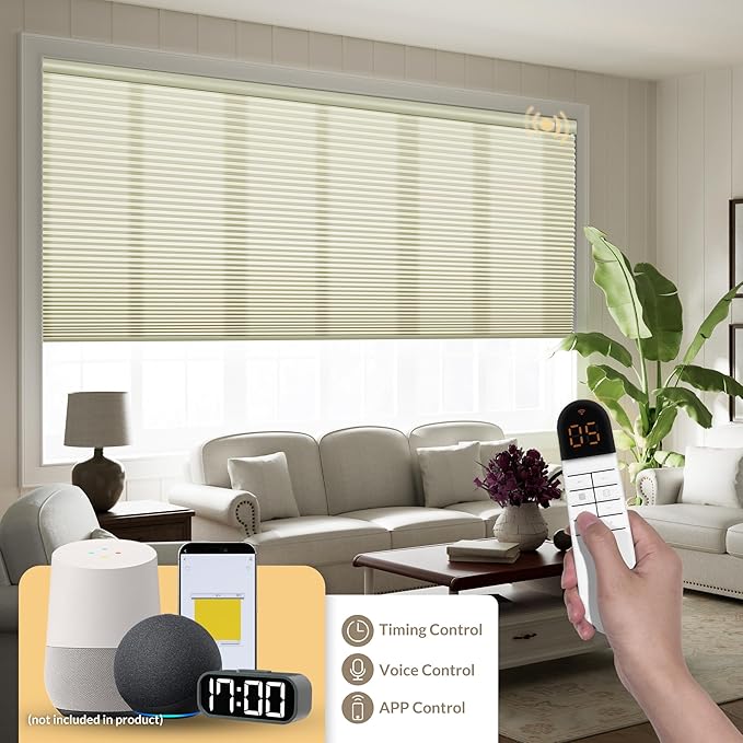Boolegon No Drill Motorized Cellular Blinds with Remote Motorized Blackout Honeycomb Blinds for Indoor Windows Easy to Install Automatic Cellular Shades for Home,Light Filtering Beige,Custom Size