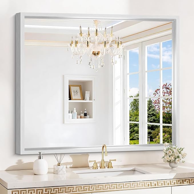 Silver Bathroom Mirror, 42 x 36 Inch Brushed Silver Rectangle Mirror for Wall, 0.6" Thickened Deep Frame Mirrors for Over Sink, Shatterproof Tempered Glass, Antirust, Horizontally or Vertically