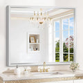 Silver Bathroom Mirror, 42 x 36 Inch Brushed Silver Rectangle Mirror for Wall, 0.6" Thickened Deep Frame Mirrors for Over Sink, Shatterproof Tempered Glass, Antirust, Horizontally or Vertically