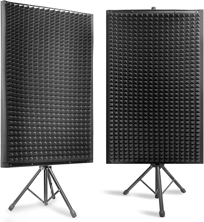 Sound Wall Panel Studio Foam - Acoustic Isolation Absorber Shield and Dampening Wedge with Height Adjustable Stand, Includes Tripod Base Stand, 2 Pack - Pyle PSIP24X2