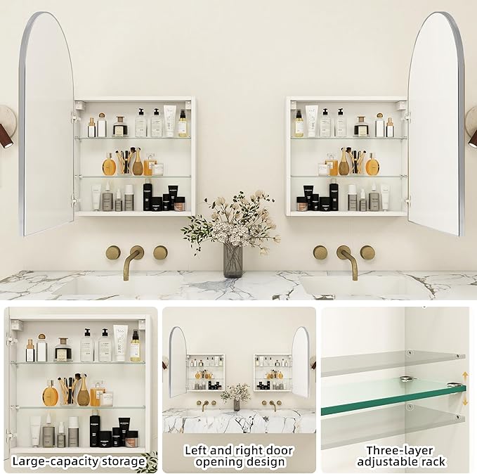 Arched Medicine Cabinet with Mirror,Silver Bathroom Mirrored Medicine Cabinet Organizer,Bath Vanity Mirror with Storage,Aluminum Wall Mount with Adjustable Shelves,20 x30 inch