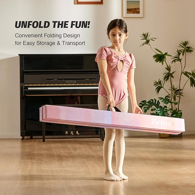ZELUS 8' Folding Gymnastics Balance Beam, Floor Balance Beam w/Carry Handles Anti-Slip Base for Kids, Beginners & Professional Gymnasts