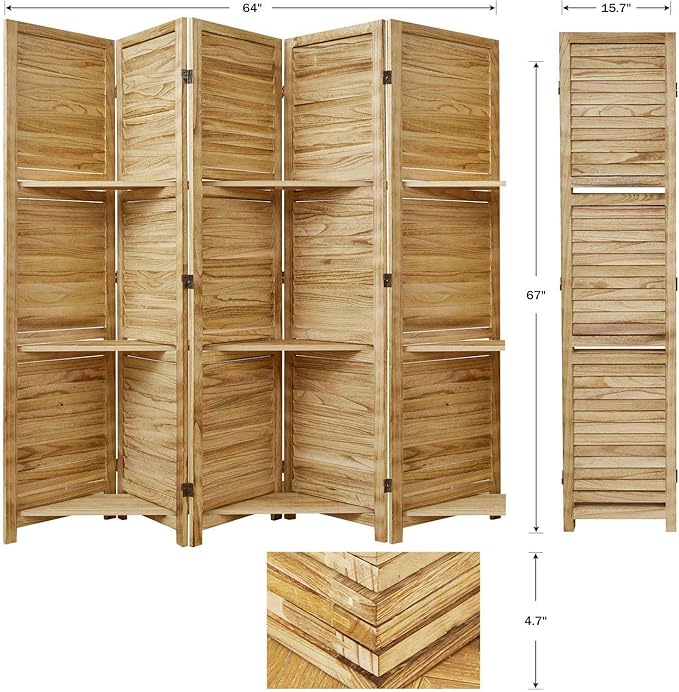 Partition Room Dividers, Folding Wood Privacy Screen with Three Display Shelves Suitable for Home Office, Study, Art Display - 5 Panel, 67 * 64inch (Wood)…
