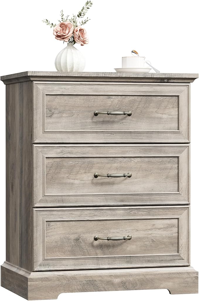 Nightstand with 3 Large Drawers,24" Wide End Table with Metal Handles,Rustic Farmhouse Wood Small Dresser,Bedside Table,Modern Chest of Drawers for Bedroom,Living Room,Grey