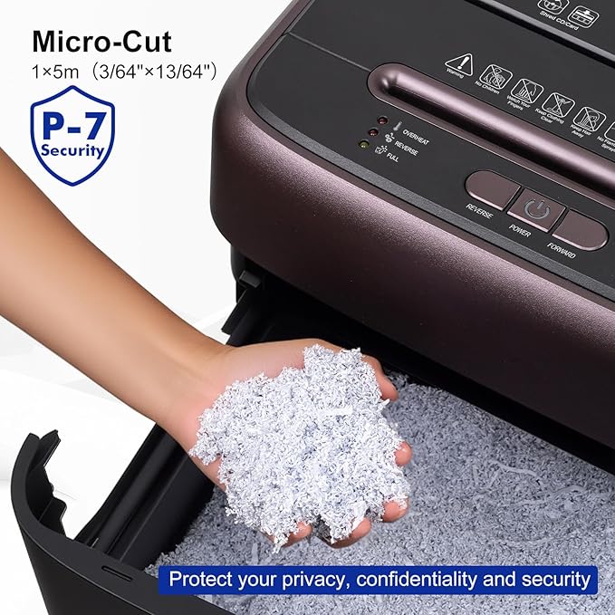 P-7 High Security Paper Shredder(1 * 5mm), 8-Sheet Micro Cut, 60-min Runtime, 9.2 Gallons Wastebasket, Auto Jam-Proof Paper Shredder Heavy Duty for Home Office
