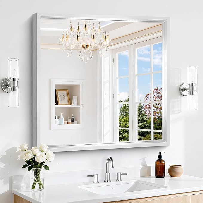 30x30 Inch Silver Bathroom Mirror, Brushed Silver Square Mirror for Wall, 0.6" Thickened Deep Frame Mirrors for Bathroom Sink, Shatterproof Tempered Glass, Antirust, Horizontally or Vertically