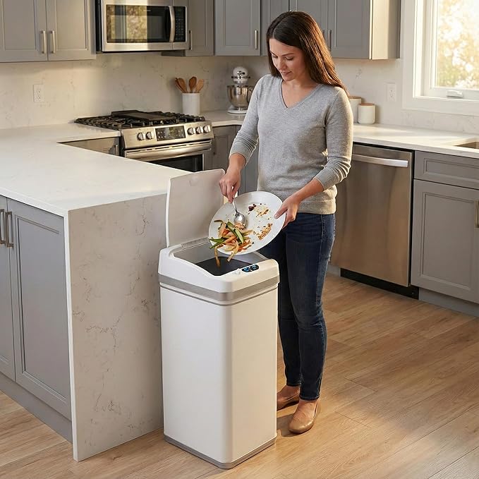 iTouchless 13 Gallon Kitchen Trash Can with Odor Filter, Automatic Motion Sensor Bin, Soft-Close Stainless Steel, Slim Wastebasket for Narrow Spaces, White