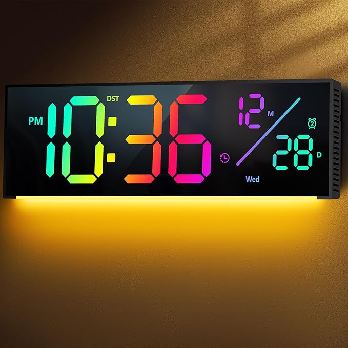 Digital Wall Clock, Large Display Digital Clock with 11 RGB Colors, Wall Clock with Night Light, Alarm Clock, Date, Week, Temp, DST for Living Room, Bedroom, Classroom Decor, Gift for Senior Mom Dad