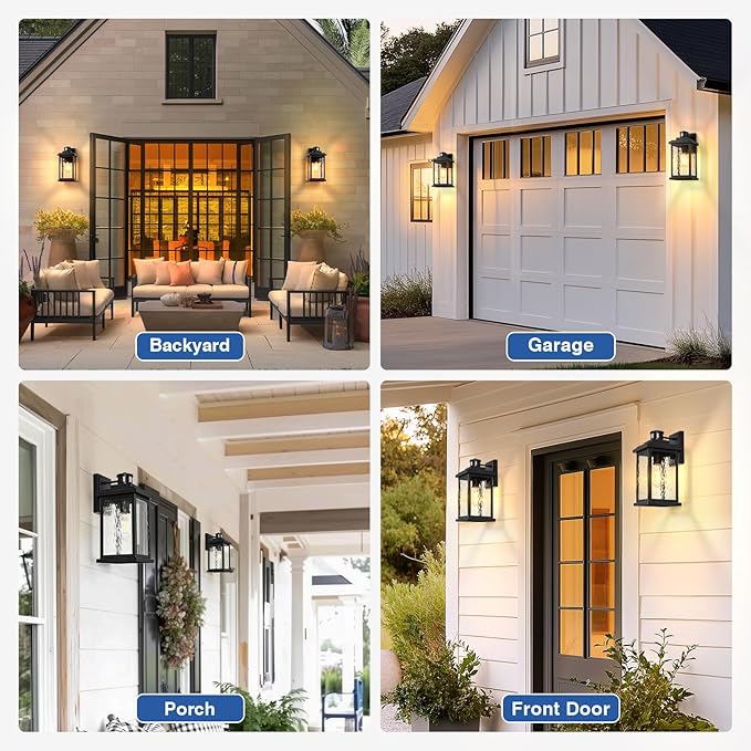 VIANIS 2 Pack Large Advanced Motion Sensor Outdoor Lights, Black Easy-to-Install Dusk to Dawn Outdoor Wall Lights, Aluminum Waterproof Porch Light with Water Glass for Porch, Garden, Front Door