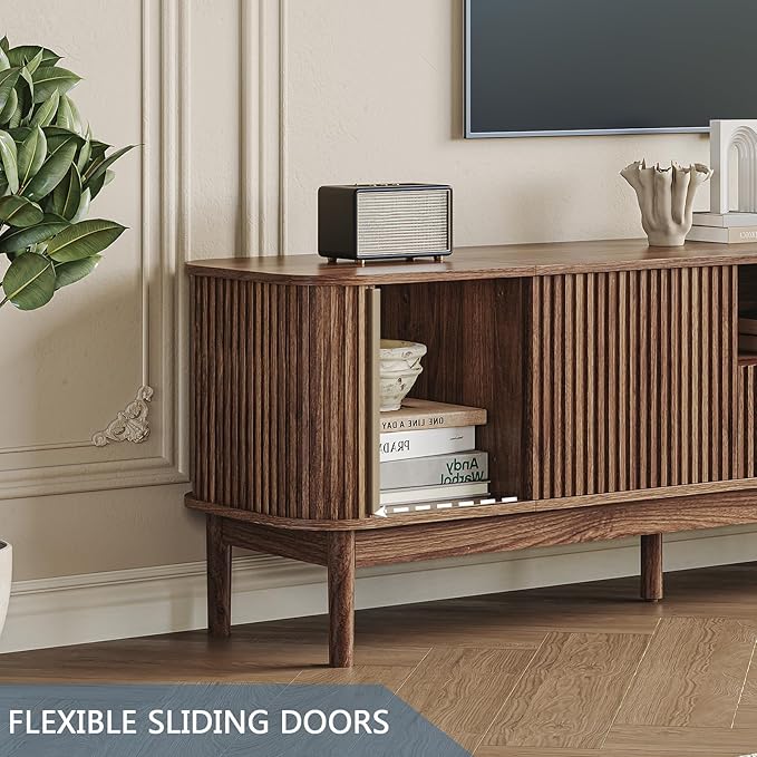 CHUWELL 86.6'' Fluted TV Stand for 75/80/85 Inch TVs, Mid Century Modern Entertainment Center with Large Storage Space & Open Shelves, Walnut TV Console with Sliding Doors for Living Room, Bedroom