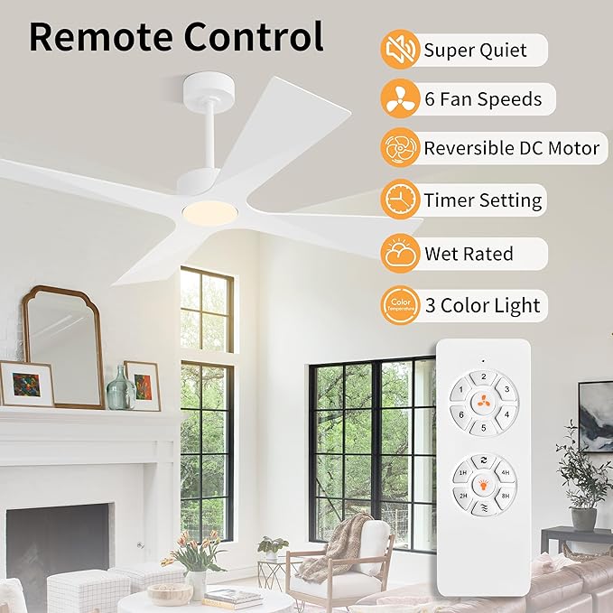 WINGBO 54" Wet Rated Outdoor Ceiling Fan with Lights, 4 ABS Plastic Blades, Reversible DC Motor, 6-Speed Remote Control, 3 CCT, Waterproof Ceiling Fan for Patio Porch Gazebo Garage, Gloss White
